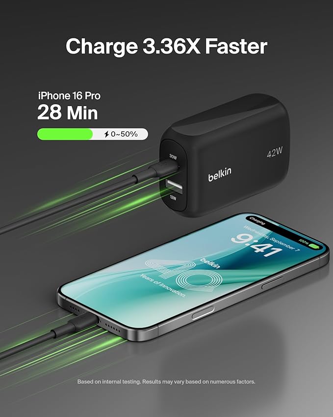 Belkin Dual Port Charger Block 42W, USB-C + USB-A Charger Super Fast Charging - Samsung Galaxy S25, Apple iPhone 16, 15, 14, 13, Pro, Pro Max, iPad, AirPods, Nintendo Switch 2 & More - Black