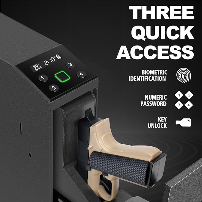 Biometric Slider Handgun Gun Safe with LCD Screen of Temp Humidity Time for Nightstand, Desk, Bed Side, Wall, Truck