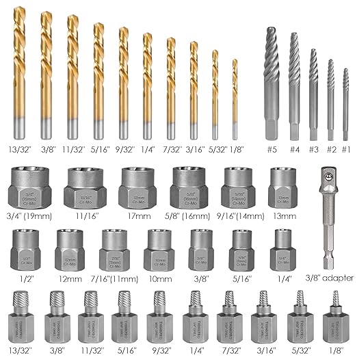 39Pcs Bolt Extractor Set and Drill Bit Kit,Multi-Spline Screw Extractors,Easy Out Broken Lug Nut Extraction Socket Set for Damaged,Frozen,Studs,Rusted,Rounded-Off Bolts,Screws (39-piece)
