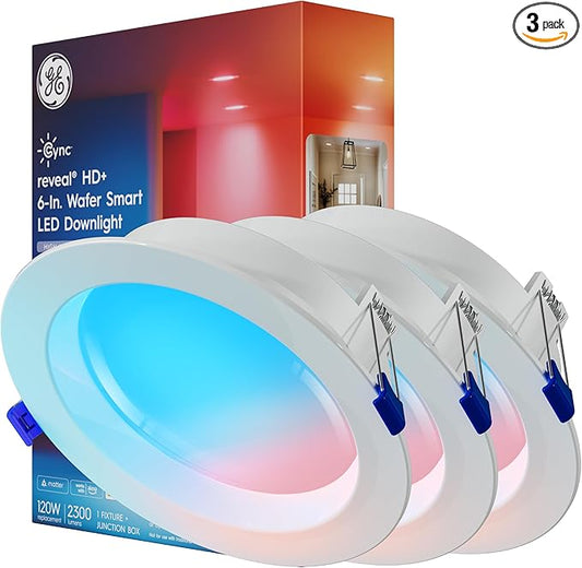 GE Cync Reveal HD+ Smart LED Wafer Downlight, Color Changing LED Light, Works with Alexa and Google Home, Matter Compatible, No Recessed Lighting Housing Required, Ceiling Lights, 6 Inch (3 Pack)