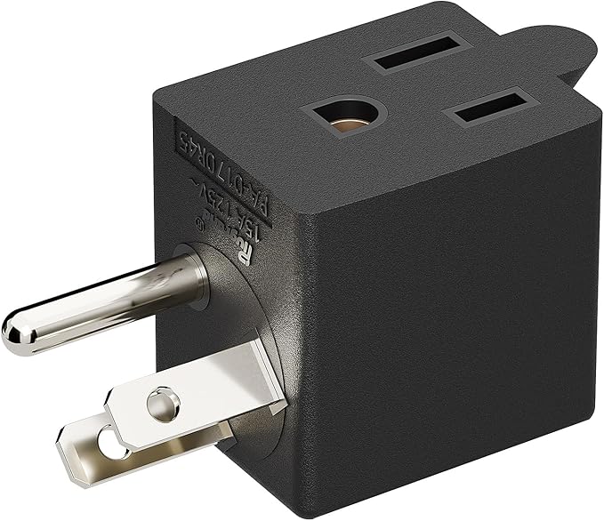 90 Degree Right Angle USA 3-Prong Male-Female Adapter, 5-15P to 5-15R, Black