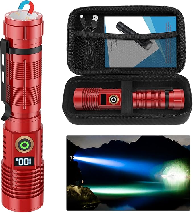 Rechargeable Flashlight High Lumens- Super Bright Magnetic Flash Light with Power Digital Display, Long Range,Dimmable,Waterproof,Pocket Tactical LED Flashlights for Emergency,Red 1PC