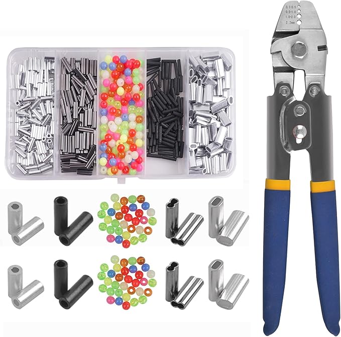 Fishing Crimping Pliers Crimp Sleeves Set,Wire Rope Crimping Tool Kit Heavy Duty Wire Leader Rope Crimper Plier 4 Size Crimping (Stainless Steel Plier+300pcs Mix Crimper Sleeves)