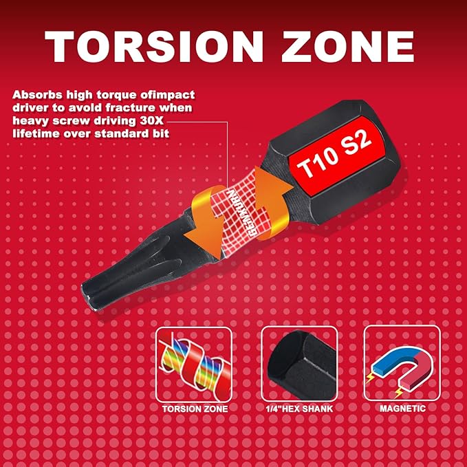20Pieces 1 In. T10 Impact Tough Magnetic Screwdriver Bit Set, #10 Torx Head Insert Bits, S2 Alloy Steel Star Bits with 1Pc Impact Bit Holder and Storage M-Box