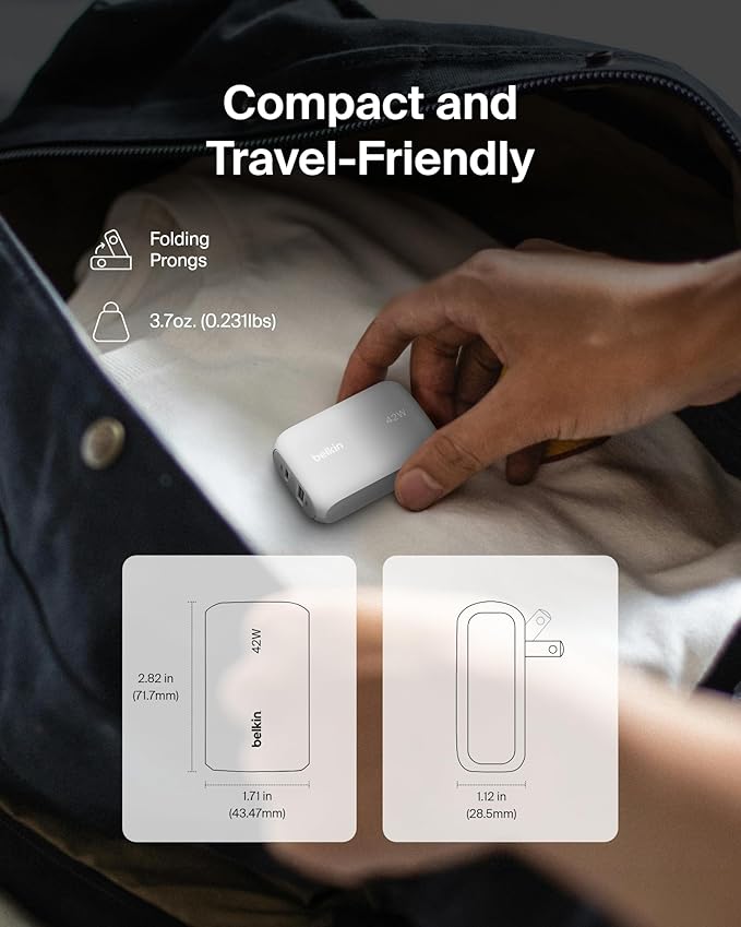 Belkin 42W Dual Port Charger Block, USB-C + USB-A Charger Super Fast Charging - Samsung Galaxy S25, Apple iPhone 16, 15, 14, 13, Pro, Pro Max, iPad, AirPods, Nintendo Switch 2 & More - White