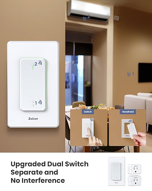 2-Gang Remote Control Outlet Plug Switches, Upgrade Dual Switch Design, Removable Double Wireless Light Switches, No Wiring No WiFi, 300 ft, 15A/1500W, Expandable, for Household Appliances