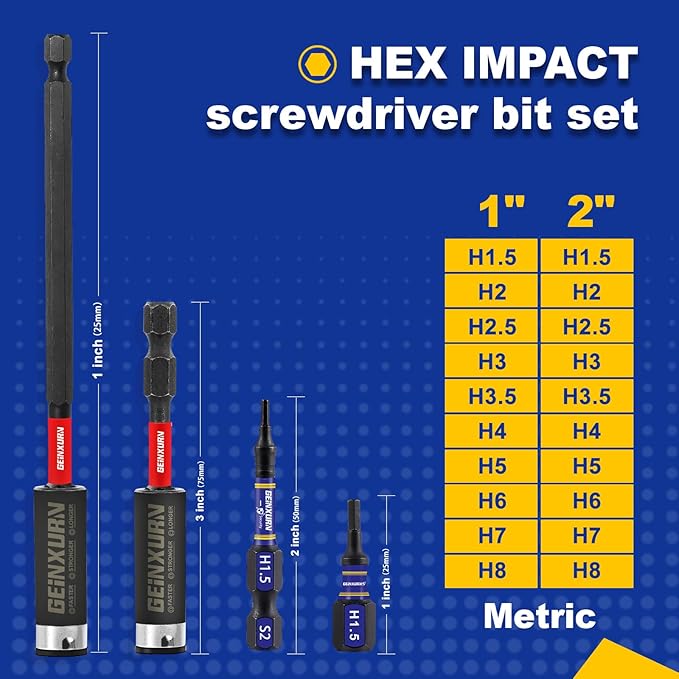 22-Piece 1/2"2" Multi Hex Head Impact Tough Magnetic Allen Wrench Drill Bits Set, Metric Power Bits Set, S2 Steel Hex Screwdriver Bit Set with 3-6" Extension Bit Holder