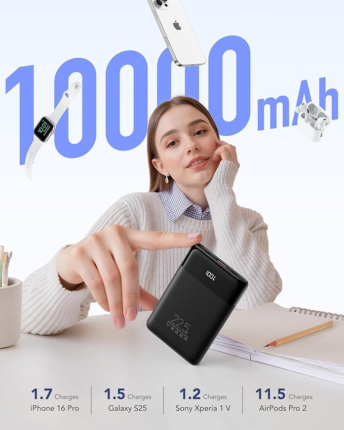 VEGER 10000mAh Portable Charger with 2 Built-in Cables, PD 22.5W Fast Charging USB C Power Bank, 4 Outputs 3 Inputs Slim Battery Pack Compatible with iPhone, Samsung, iPad, Android - Travel Essential