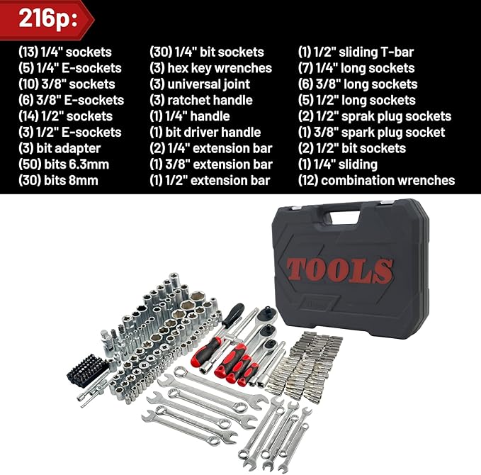 Professional 216pcs Drive Socket Ratchet Wrench Set, 1/4 & 3/8 Inch Drive, Standard Full Mechanic Tool Set for Auto & Motorcycle Repair Kit with Storage Case (216p