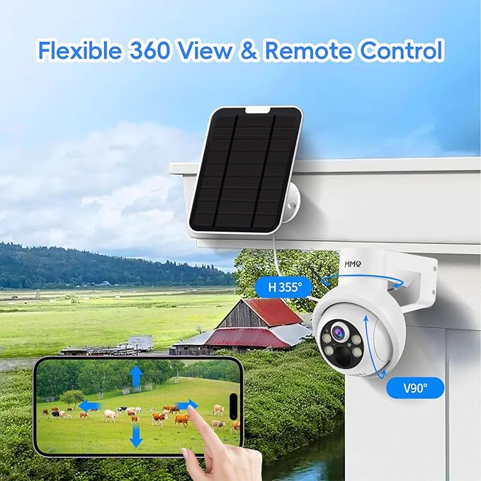 Solar Security Cameras Outdoor, 4MP PTZ Solar Panel for Security Cameras, Battery Powered Wireless Cameras for Home with 128GB Card, PIR Motion Detection, Color Night Vision, Compatible with Alexa