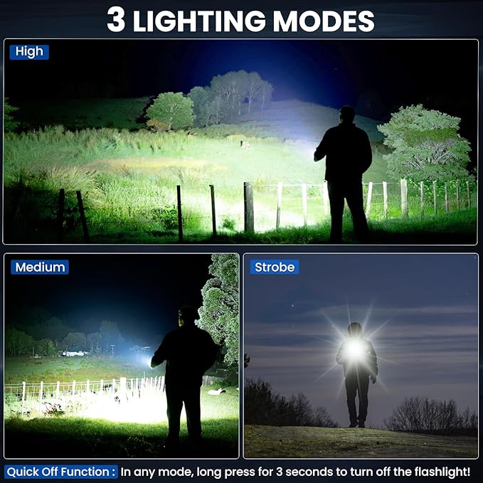 3 Pack Rechargeable Flashlights High Lumens, 90,000 Lumen Super Bright Led Flashlight with Adjustable 3 Modes & Power Display, Brightest Handheld Waterproof Flash Lights for Home Camping Hiking
