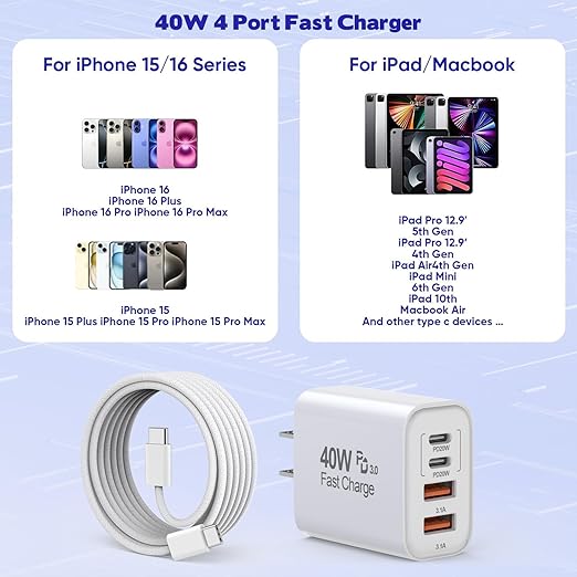 iPhone 16 Pro Max USB C Charger Cord, 2Pack USB C-C Woven Cable Cord 3FT 40W Type C Apple Charger 4 Port PD&AC Wall Plug Fast Charging for iPhone 16e/16 Pro/16 Pro Max/16 Plus/15/15 Pro/15Pro Max/iPad