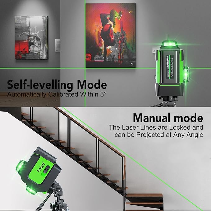 Laser Level, 3x360° Self Leveling Green Cross Line Laser for Construction and Picture Hanging with Rechargeable battery, Remote Controller, Magnetic Rotating Stand-black