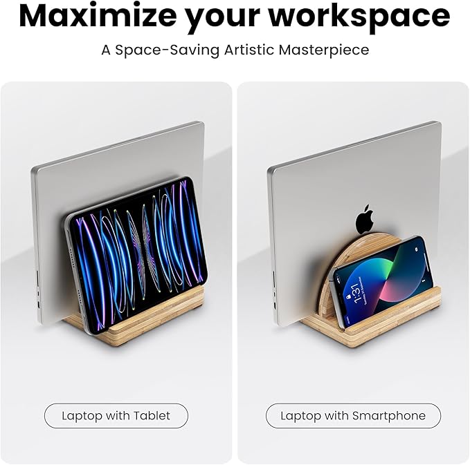 Kothar Premium Wood Vertical Laptop Stand - Adjustable Single Slot Bamboo Holder for MacBook, Dell, HP, and More | Space-Saving Desktop Organizer | Eco-Friendly, Sleek & Durable Design