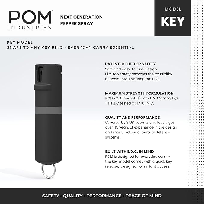 POM Pepper Spray Keychain, Quick Key Release for Instant Access, Flip Top Safety, Maximum Strength OC Formula with UV Marking Dye, 25 Bursts, 10 ft Range, 0.5 fl oz