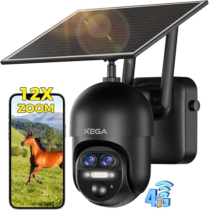 Xega 4G 【12X Hybrid Zoom】 Cellular Security Camera Outdoor with 【Dual Lens】, 2K Solar Wireless PTZ Outdoor Surveillance Camera,Smart PIR Human/Motion Detection, Two Way Talk, Built-in SIM Card, IP66