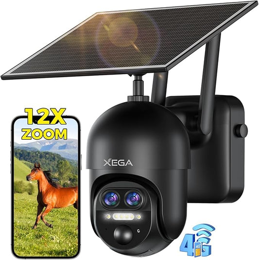Xega 4G 【12X Hybrid Zoom】 Cellular Security Camera Outdoor with 【Dual Lens】, 2K Solar Wireless PTZ Outdoor Surveillance Camera,Smart PIR Human/Motion Detection, Two Way Talk, Built-in SIM Card, IP66