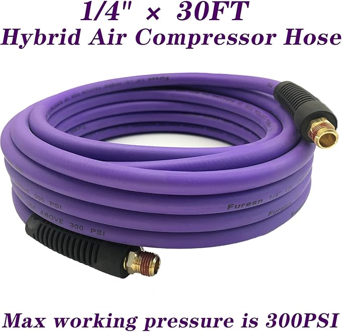 Air Hose 1/4 in x 30 ft, Hybrid Air Compressor Hose Kit with 1/4 in NPT Male Threads, 13 Piece Air Tool & Air Compressor Accessories Kit, Bend Restrictors, 300 PSI (Purple, 30FT-13 Pieces)