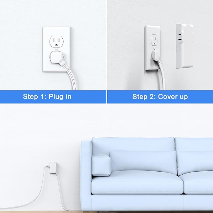 Power Strip Surge Protector with Flat Extension Cord Outlet Cover 6 AC Outlets(3 Wall Outlets Extender) 3 USB Ports (2USB C), 1050 Joules, Multi Plug for Home Office College Dorm Room Essential