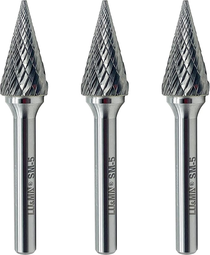 LU&MN SM-5 Tungsten Carbide Burr Rotary File, 3PCS, 25° Pointed Cone, Double Cut, 1/4'' Shank, 1/2'' Cutter Dia, 1'' Length, for Die Grinder Drill