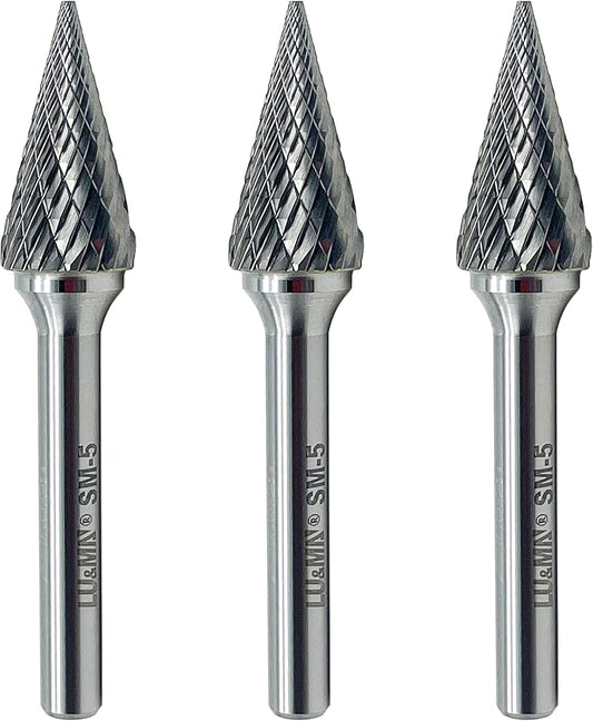 LU&MN SM-5 Tungsten Carbide Burr Rotary File, 3PCS, 25° Pointed Cone, Double Cut, 1/4'' Shank, 1/2'' Cutter Dia, 1'' Length, for Die Grinder Drill