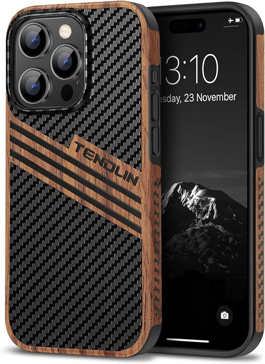 TENDLIN Compatible with iPhone 15 Pro Case Wood Grain with Carbon Fiber Texture Design Leather Hybrid Slim Case (Three Stripe)