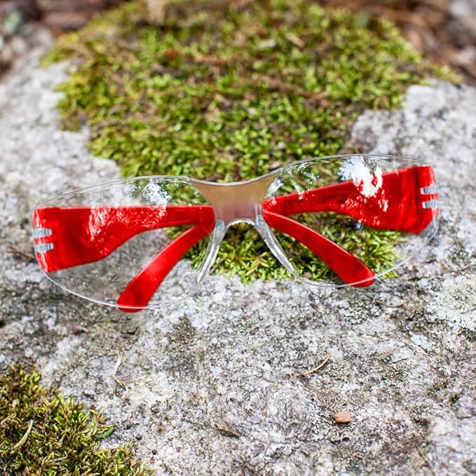 BISON LIFE Clear Lens Color Temple Safety Glasses | One Size, Adult, Youth, Clear Protective Polycarbonate Lens Color Temple, Red, 24 PAIRS