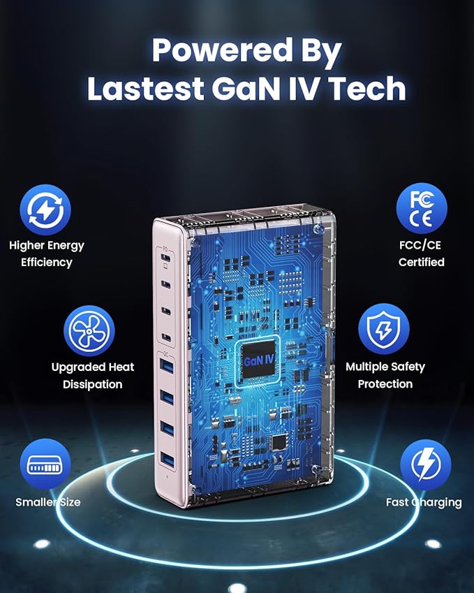 200W USB C Charger Block,GaN IV Charging Station 8 Ports,QC4.0 Fast Charging Station Hub+PD 65W USB C Laptop Charger Adapter Compatible with MacBook Air/Pro,DELL,iPhone 16/15,iPad,Steam Deck-Pink