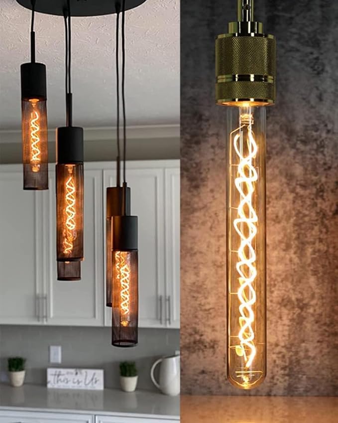 Leools Vintage LED Spiral Filament Bulb T10, 11.8inch Long Tubular Dimmable Edison Light Bulbs,E26 Base,Amber Glass,Warm White,2200K, (60W Equivalent), Pack of 4