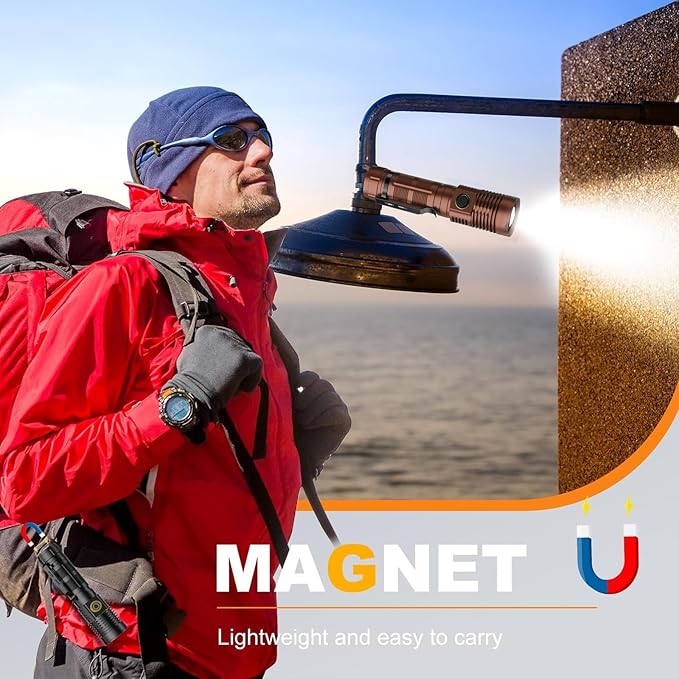 Small Tactical Flashlights High Lumens - 1500 Meters Long Beam Super Bright LED Magnetic Flashlight USB Rechargeable Zoomable 5Modes Long Beam Spotlight Flashlight for Hiking, Camping-Brown