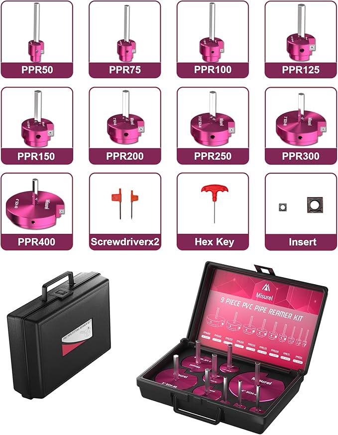 9 Pcs PVC Pipe Reamer Kit With 1/2 inch, 3/4 inch, 1 inch, 1-1/4inch, 1-1/2inch, 2inch, 2-1/2inch, 3inch, 4inch, 2 Carbide Inserts, Aluminum PVC Fitting Saver, Plumbing tools for SCH40