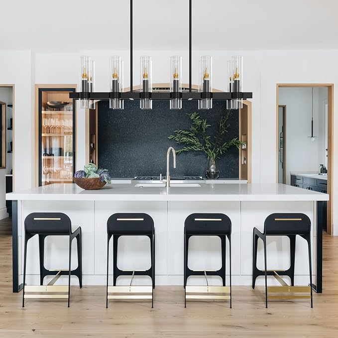 Modern Black Island Rectangle Chandelier with Clear Glass,48” Adjustable Height Modern Linear Light Fixture 12 Light Dining Room Chandelier Over Table for Dining Room Kithen Island