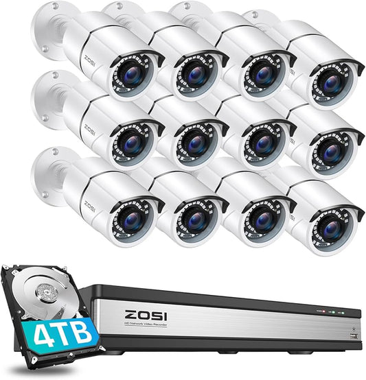 ZOSI H.265+ 1080p 16 Channel Home Security Camera System, 16CH DVR with AI Human Vehicle Detect, 12 x 1080p Surveillance Camera Outdoor, 120ft Night Vision, 105°Wide Angle, Remote Access, 4TB HDD