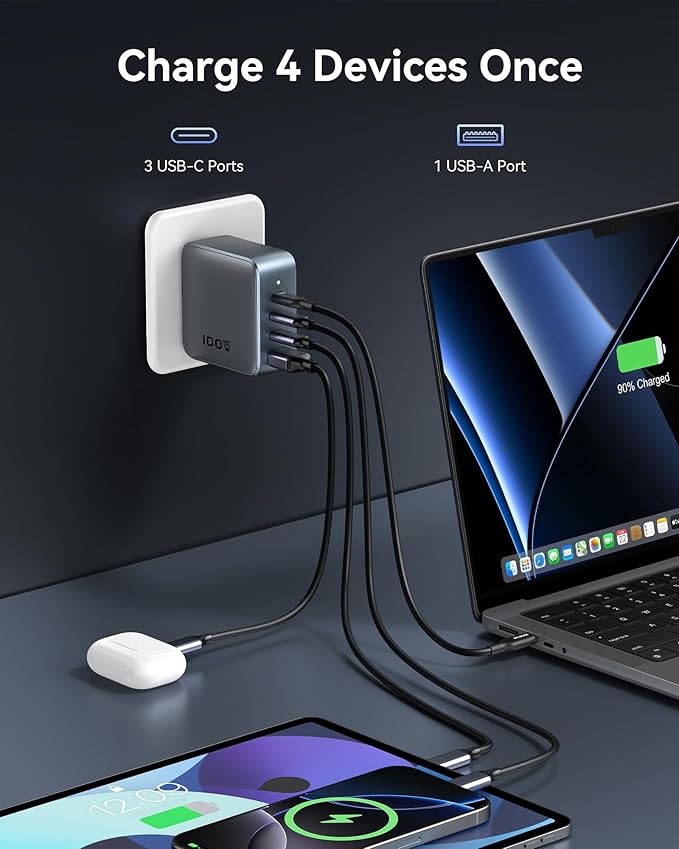 USB C Charger Block 100W, 4 Port GaN Charger USB C Fast Charging Station Foldable Compact Wall Charging Power Adapter for MacBook Pro/Air, Dell XPS, iPad Pro, iPhone 16/15, Galaxy S24, and More