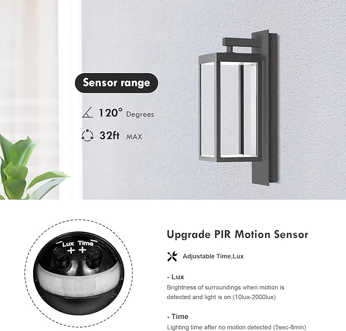 2 Pack PIR Motion Sensor Outdoor Lights, LED Integrated Porch 750 Lumen Outside Wall Light with Clear Glass, Modern Exterior Fixture, 3000K Sconce for House Patio Garage Yard Front Door Dark Grey