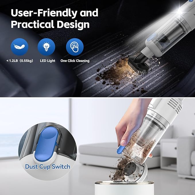 Handheld Car Vacuum Cleaner Cordless: 9500PA Powerful Suction Portable Lightweight Hand Held Vacuum - Large Capacity Battery Last Long Wireless Mini Vacuum With LED Light For Home Office Cleaning