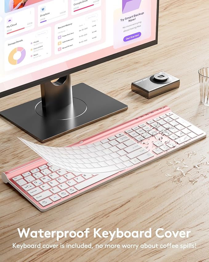Wireless Keyboard and Mouse Combo - Samsers Ultra Slim Rechargeable Dual-Mode (Bluetooth 5.0x2 +2.4G) Silent Keyboard and Mouse Set, Multi-Device Full-Size Design for MacOS/iOS/Android/Windows - Pink
