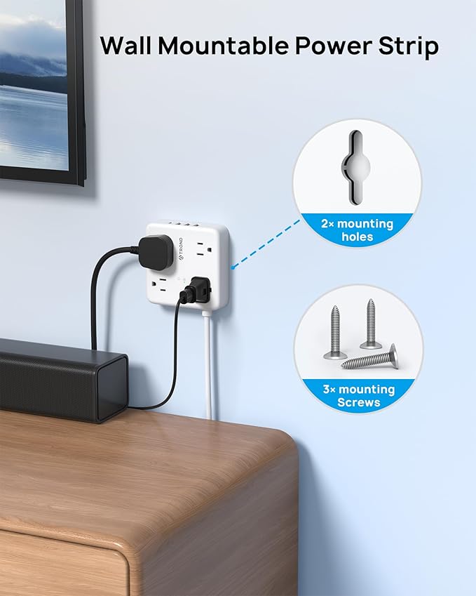 TROND Surge Protector Power Strip with USB Ports, 5ft Flat Plug Extension Cord with Multiple Outlets, 1440J, Wall Mount for Home Office Dorm Room Essentials, White