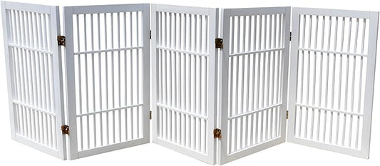 Pet Dog Gate Strong and Durable Freestanding Folding Acacia Hardwood Portable Wooden Fence Indoors or Outdoors by Urnporium (White Pet Gate, 5 Panel 30" Tall)