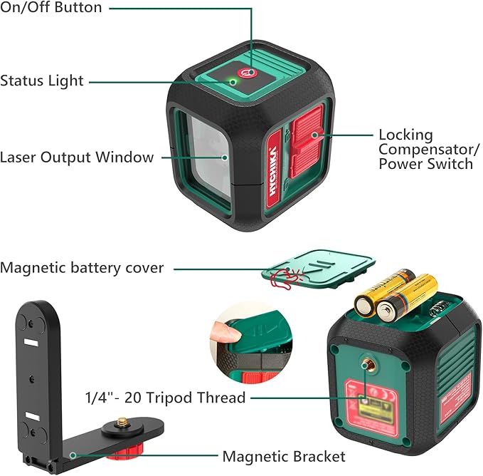 HYCHIKA Laser Level 360 Self Leveling, 50 ft Lazer Leveler Tool, Green Cross Line Lazer Level for Picture Hanging, Tile, Decoration & DIY Indoor/Outdoor Construction, Battery & L-Bracket Included