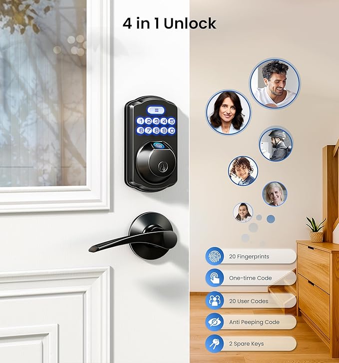 Veise Fingerprint Door Lock, Keyless Entry, Auto Lock, Electronic Keypad Deadbolt for Front Door, Biometric, Anti-Peeking Password, Easy Install, Matte Black