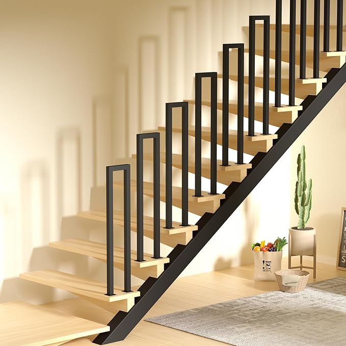 U-Shaped Staircase Handrails,Indoor Outdoor Iron Matte Black Stair Handrail,Floor Mounted Industrial Hand Rail,Non-Slip Support Bar Porch Deck Loft Corridor Stair Rail for Elderly & Children(90cm/3FT)