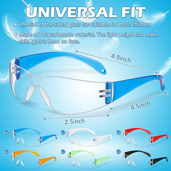 Patelai 12 Pcs Kids Safety Glasses Bulk Eye Protection Goggles Scratch Resistant for Science Class, Lab, Sports, Child Youth Size