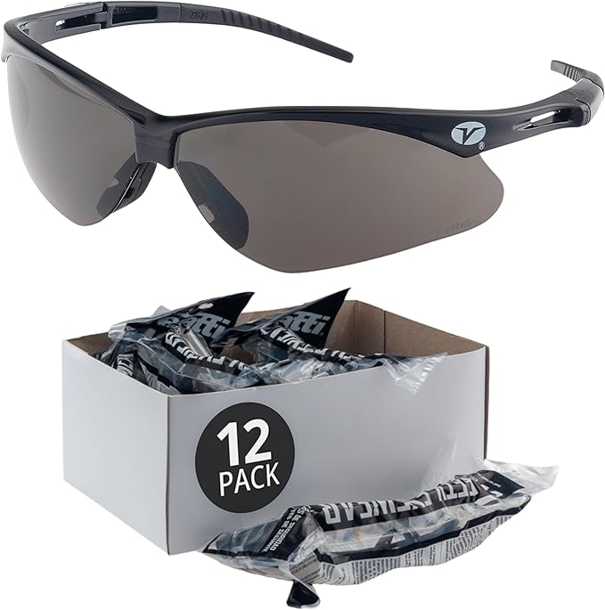 Veratti V1023N Safety Glasses, Gray Anti-Fog Lens, ANSI Z87.1, Removable Strap, Black Frame, Impact Resistant
