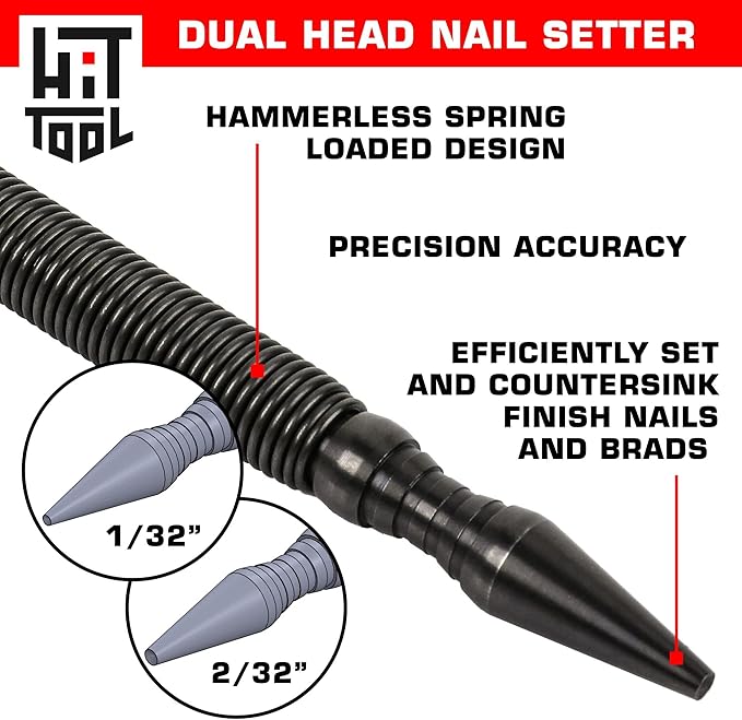 HIT Tools 2-in-1 Spring Loaded Nail Set – Dual Tip 1/32" & 2/32" Hammerless Nail Setter – Lightweight, High-Impact Punch Tool – Made in USA for Trim, Finish, and Woodworking Projects