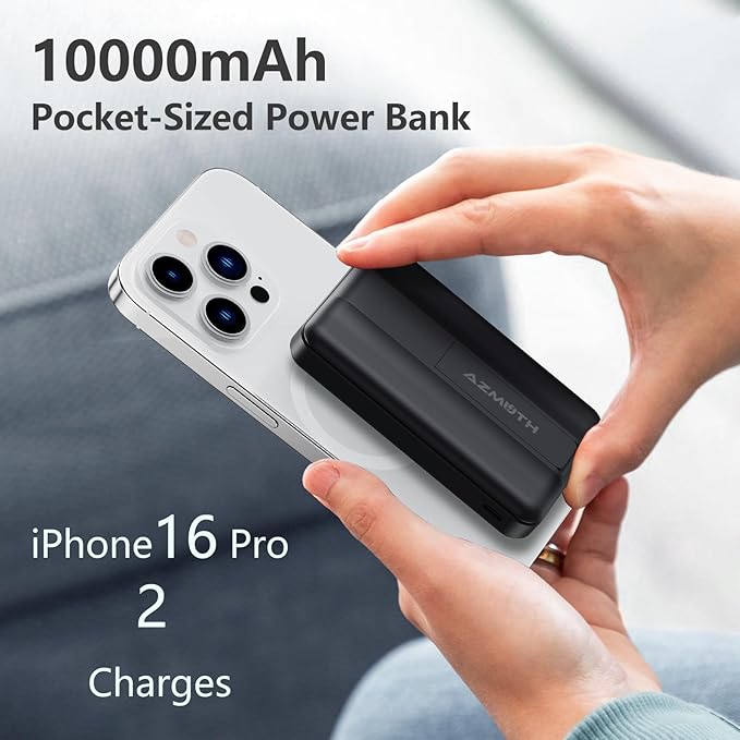 Azmuth Wireless Portable Charger with Stand, Slim 10000mAh Magnetic Power Bank for Magsafe, 22.5W Fast Charging Battery Pack Compatible with iPhone 16/15/14/13/12 Series