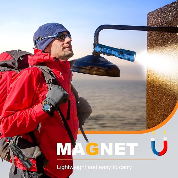 Small Tactical Flashlights High Lumens - 1500 Meters Long Beam Super Bright LED Magnetic Flashlight USB Rechargeable Zoomable 5Modes Long Beam Spotlight Flashlight for Hiking, Camping-Blue