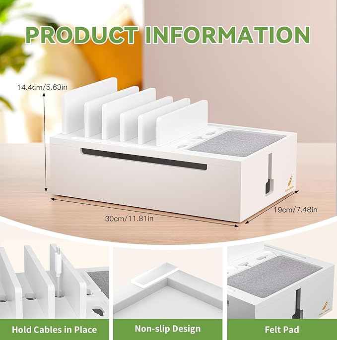 Pezin & Hulin Bamboo Charging Station, Electronic Devices Organizer for Multiple Devices Charger Such As Cell Phone, Tablet, Watch and More, White, (No USB Charger and Cables