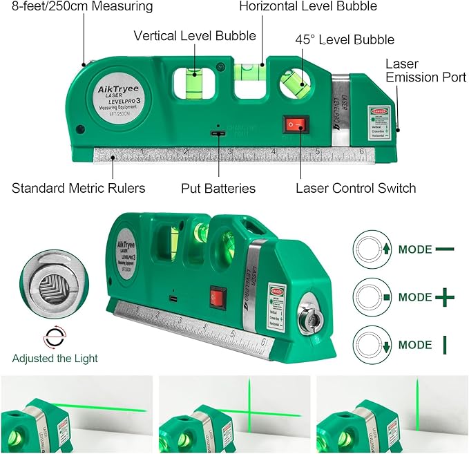 Level Tool Laser Level Leveler tool Cross Line Vertical and Horizontal Line with USB Rechargeable for Picture Hanging cabinets Tile Walls by AikTryee.