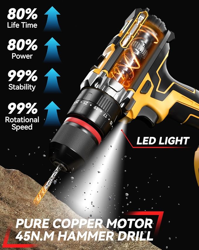 Cordless Drill, 21V 2x 2.0Ah Batteries Electric Drill, Electric Screwdriver Set, 398 In-lbs Power Hammer Drills Driver, 25+3 Torque, 2 Speed LED Light 27 Accessories Combi Drills Kit Tools